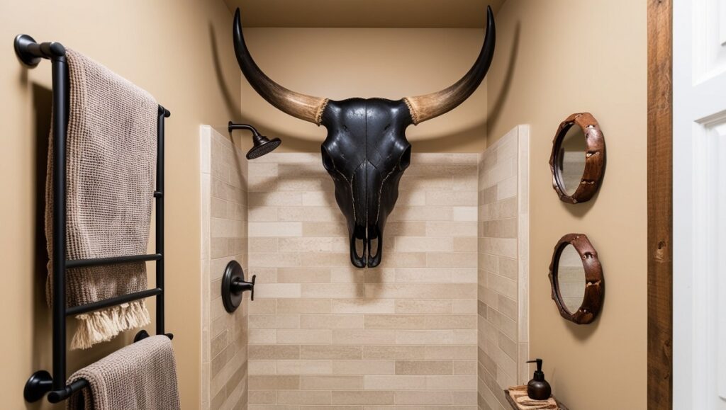 Above-Shower Cow Skull for Western Drama