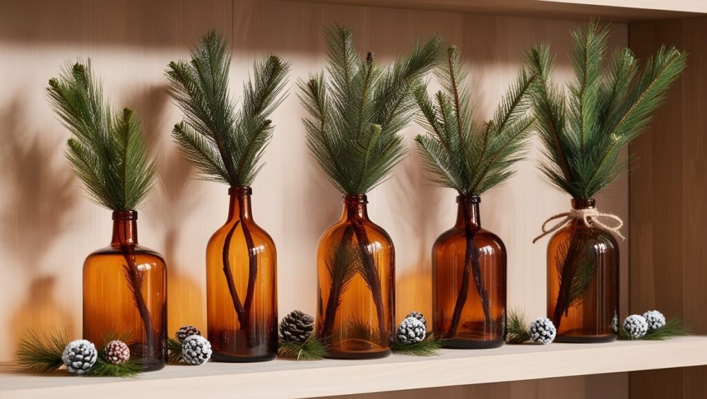 Amber Glasses with Pine Branches A Touch of Rustic Elegance